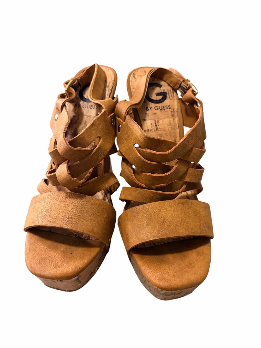 G by Guess Tan Strappy Faux-Leather Cork Platform Heels